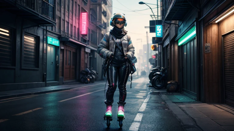 short woman, (ultra detailed,ultra high res,detailed background),((2D)),((2D)),((flat color)),((muted color)),((floating neon)),1girl,solo,looking at viewer, spray paint, graffiti, girl in a colorful fencing suit, long plush scarf, full body image, adult woman, anatomically perfect face, face in focus, symmetrical face, ((rollerskates)), wearing a 1950's scifi helmet with a visor, big sunglasses, 8K, Best Quality, Masterpiece, Ultra High Resolution, (highly detailed CG unity 8k wallpaper), (best illustration), (best shadows), isometric 3D , octane rendering, ray tracing, highly detailed