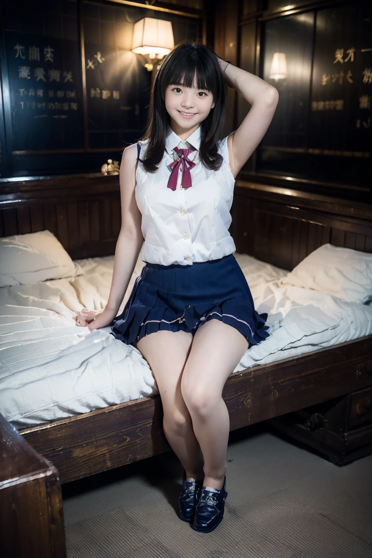 Japanese women, (smile:1.05),Browsing Caution、8K,Highest quality, masterpiece, Very detailed, 超High resolution, Realistic, RAW Photos, , Absolute Resolution, Complete limbs、Complete Anatomy、Perfect beautiful skin、cute女の子1人,cute女の子 、(smile:1.2)、ta Girl、(school uniform:1.3)、(Sleeveless shirt:1.1)、((((If you raise your right hand above your head, you can see your armpit.))))、((((左手でPleated skirtを掴んで捲るとWhite pantiesが確認できる))))、Accentuate your thighs、cute女の子、 Japanese Girls、(bedroom:1.2)、Mix 4, (16K, Raw photo, Full body portrait、Best image quality, masterpiece: 1.45), (Realisticな, Photorealistic: 1.37 Two Girls, cute, Professional Lighting, Photon Mapping, bedroom, Physically Based Rendering, Dark brown long bob hair,Beautiful, well-groomed eyes、double eyelid、With a girl, (((Sleeveless shirts worn by Japanese high school girls、Pleated skirt、Dark blue short socks、loafers))), Highest qualityの写真, High resolution, 1080P, (Clear Face), (Detailed face description), (Detailed hand description), (masterpiece), masterpiece、Rich details、(Beautiful Faces)、(Highest qualityの写真)、(Detailed eyes)、 in front of you、Thin clavicle、((Slim and large))、(((日本はSleeveless shirtを着る)))、((Pure Idol))、((明るいbedroom))、(Shot from random perspectives)、(((White panties))),smile、Drawing the whole body from the knees、No nasolabial folds、(((Large firm breasts:1.2)))、Firm big ass、Two arms and two legs、(((from the front:0.4)))、bare hands、Symmetrical eyes