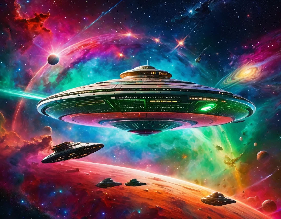 "A high-tech starship navigating through a colorful cosmic expanse, featuring a gradient backdrop from green to red with scattered stars. The ship’s design includes a large circular front section, an extended body, and external nacelles, all highlighted by metallic textures and intricate details."