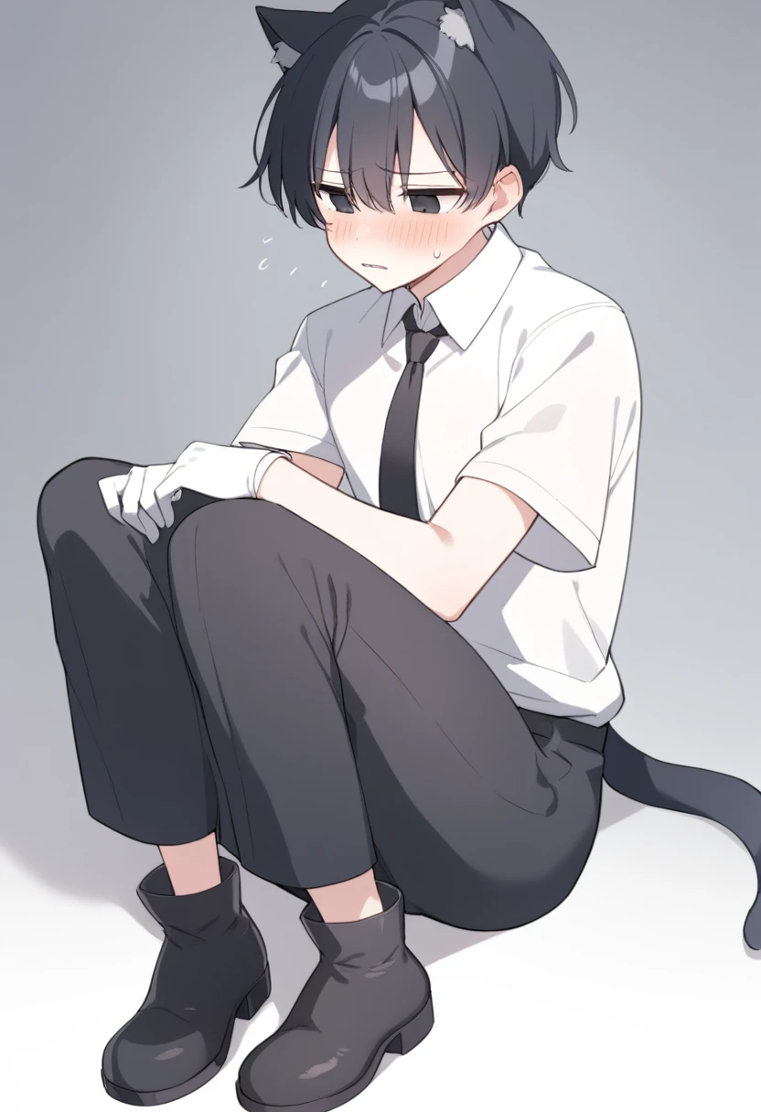 18-year-old boy,cute,Wear a white short-sleeved shirt and a black work tie,Wear black pants,Wear black booties,Wear white gloves,wear cat ear,Black hair,Black eyes,Handsome,Disdainful and cold expression,shy,blush,Sweating