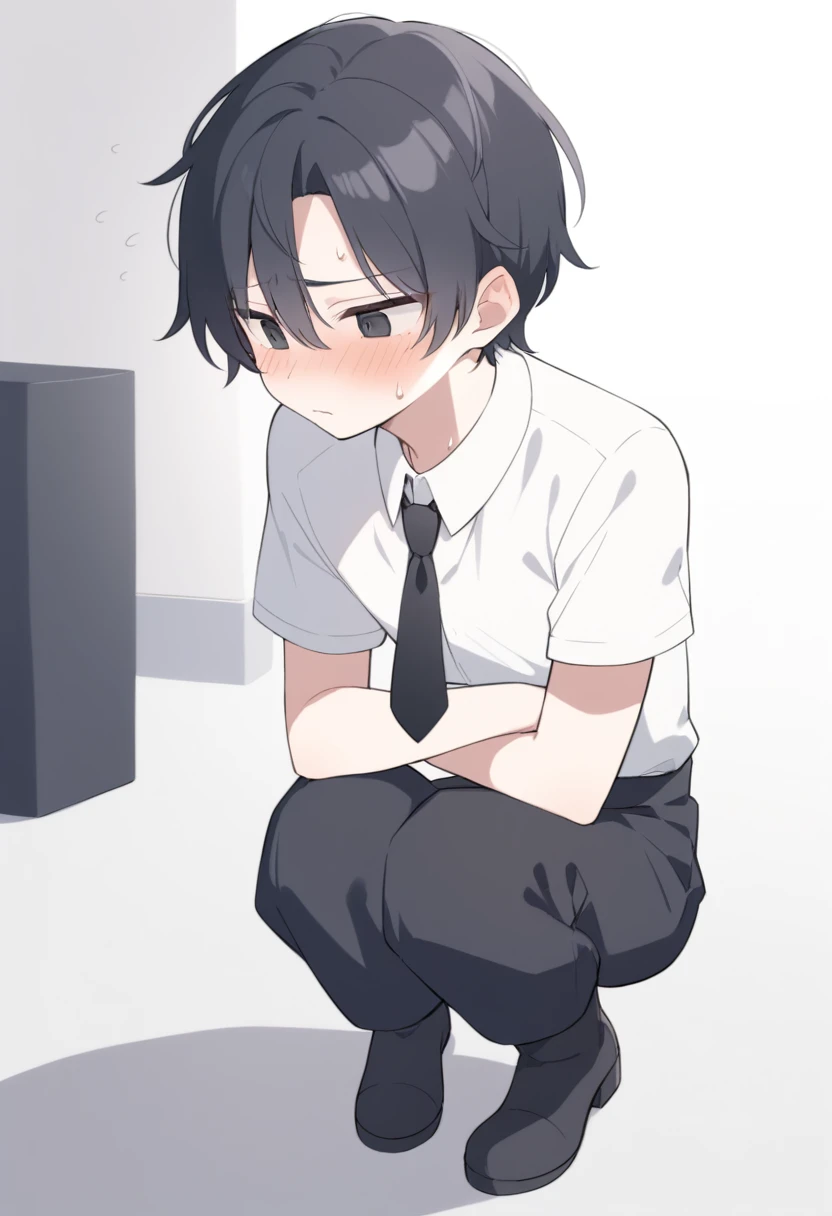 18-year-old boy，cute，Wear a white short-sleeved shirt and a black work tie，Wear black pants，Wear black booties，Wear white gloves，wear cat ear，Black hair，Black eyes，Handsome，Disdainful and cold expression，shy，blush，Sweating