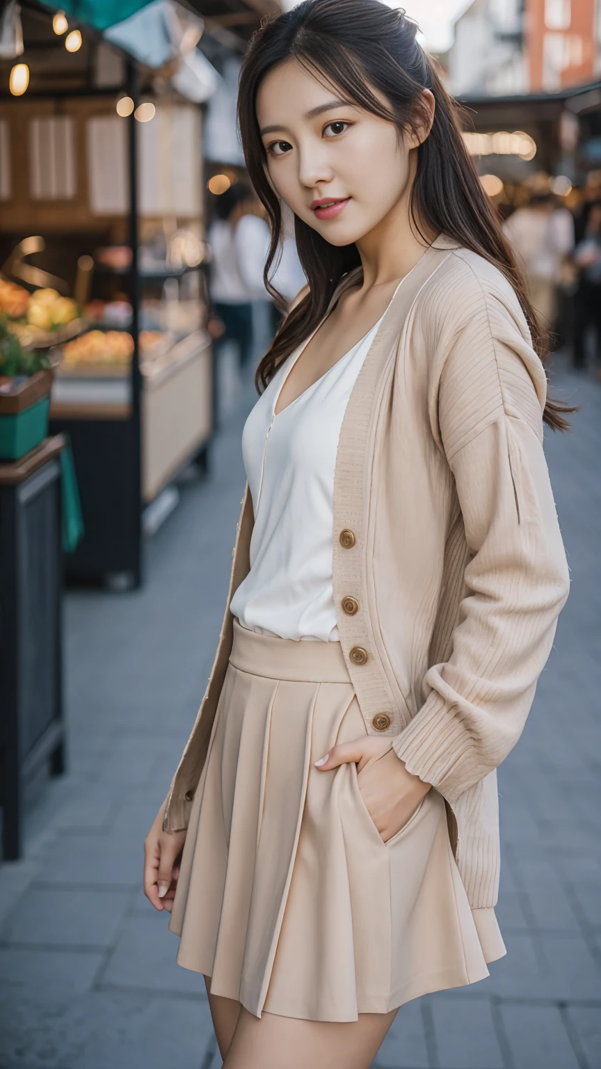 Full body shot, a young Korean woman in a beige cardigan, white top, long pleated purple skirt, purple heels, holding a purse, large hair bun, standing in a market, face straight to viewer, shy pose, serene expression, cute face, detailed face, detailed clothing, detailed background, natural lighting, warm colors, beautiful scenery, intricate details, highly detailed, photorealistic, 8k, ((masterpiece)), cinematic style, portrait