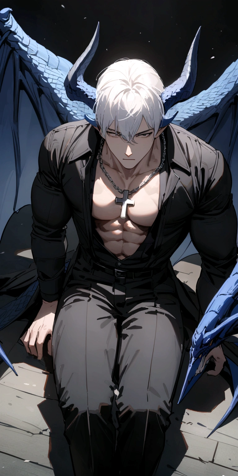 homen,strong muscles, White hair, best qualityer,open chest vest, blue and black clothes, Dragon Wings, black cloth on face, silver cross chain around neck, black long-brimmed fedora hat with black and blue dragon horns on the hat 