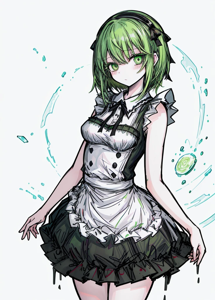 1girl ,green eyes,green hair,short maid dress ,pale skin,(high resolution, high detail, best quality),
happy, blushes, innocent, silly, gluttonous, medium breasts