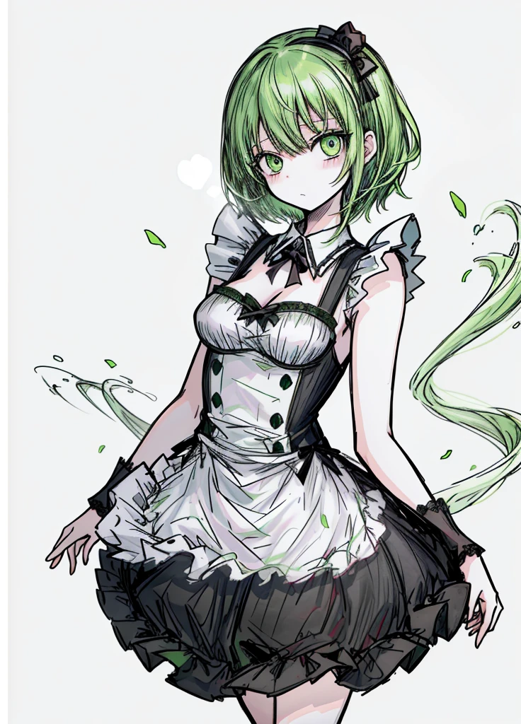 1girl ,green eyes,green hair,short maid dress ,pale skin,(high resolution, high detail, best quality),
happy, blushes, innocent, silly, gluttonous, medium breasts