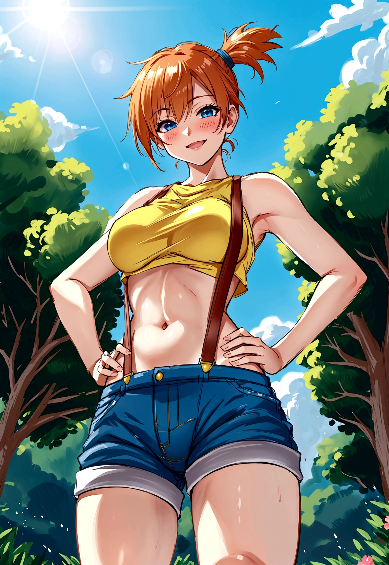 from below,from below,pov,Dutchangle,soro focus.straight-on,(upperbody:1),(finely detail ,best quality, ultra detailed),superfineillustration,anime studio,highly detailed, (detailed background, complex background:1.2), (perfect face, detailed face), full-face blush, (smile, happy),  (milf, mature girl) misty_(pokemon), short hair,side ponytail, looking at viewer, smile, blush, navel, shorts, blue eyes, (suspenders), shirt, crop top,beautiful abs,(beautiful under_boob), midriff, short shorts, medium breasts,(beautiful body),(skiny skin).(). (outdoors, garden, thighs,standing),depth of field,(professional lighting,cinematic lighting,lens flare.beautifully lit),(hands on hips)
,misty_(pokemon),