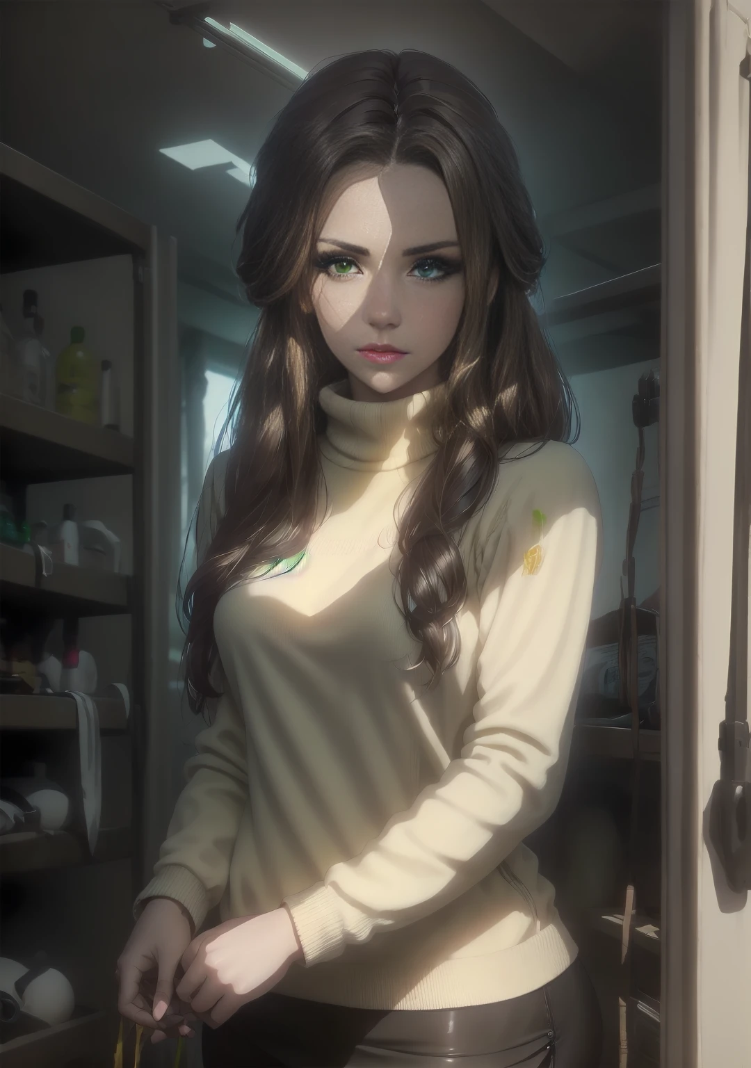 a young woman with dark brown hair, beautiful detailed green and blue eyes with central heterochromia, turtleneck sweater, pencil skirt, pantyhose, high quality, masterpiece, ultra-detailed, realistic, photorealistic, physically-based rendering, vivid colors, studio lighting, sharp focus, professional photography, solo, cowboy shot, simple background, tan skin