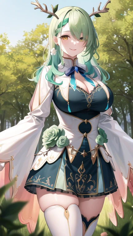 masterpiece, best quality, highres, hmcf, long hair, antlers, branch, braided bangs, hair flower, yellow eyes, large breasts, jewelry, dress, cleavage, wide sleeves, green flower, single thighhigh, white thighhighs, cowboy shot, standing, forest, arms at sides, straight-on, smile,