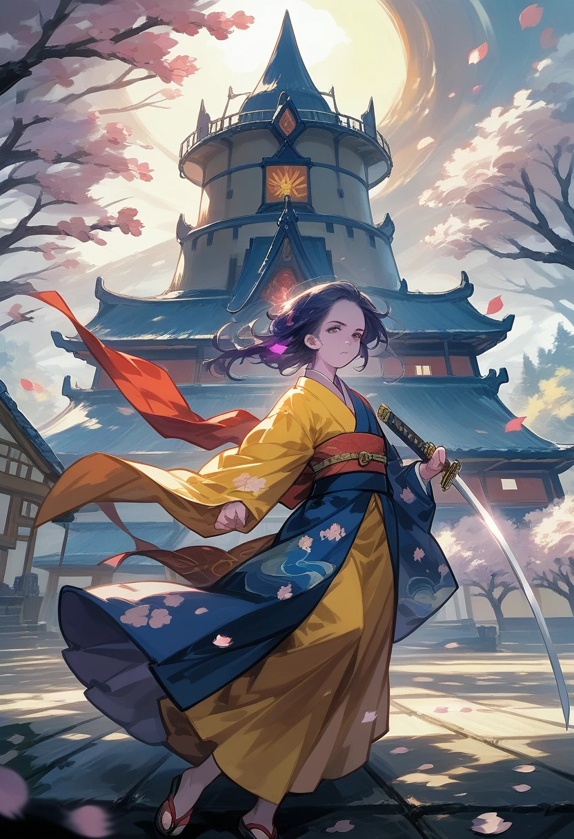 cinematic, highly detailed, photorealistic, 8k, samurai, intense facial expressions, vibrant kimono, dramatic duel, Japanese historical drama, climactic scene, twilight in castle town, sword flash, cherry blossom petals in the air, dramatic lighting, golden hour