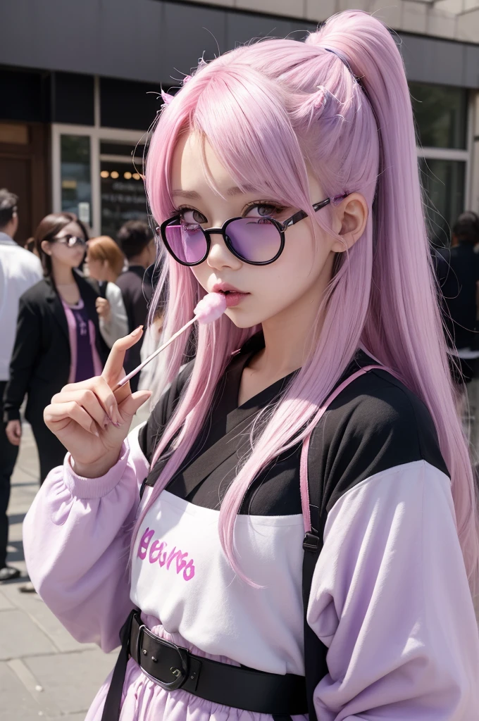 A girl with a light purple dragon horn, brown and pink hair at the back, an eye patch over her white right eye. wears glasses and lollipop-style clothing. Twisted Wonderland or Genshin style. It cannot be realistic, and it has to be a banner. She is eating cotton candy, alone, in the square, and her eyes are dark pink