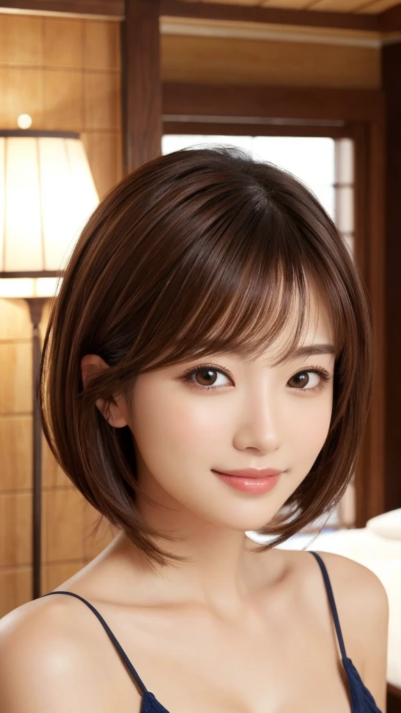 masterpiece、Highest quality、High resolution、Tabletop、wallpaper、Realistic、Bright lighting、Professional Lighting、Face Light、Smooth lighting、Japanese women、Adult、Beautiful woman、action、gravure、sexy、so beautiful、Beautiful Skin、Beautiful and detailed、Detailed face、slim、moderately、short hair、Brunette colored hair、Brown eyes、Looking at the camera、smile、Cleavage