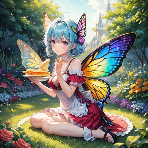 Rainbow haired fairy with butterfly wings eating a crepe background, Fantasy, wonderful, Fantasy, garden,