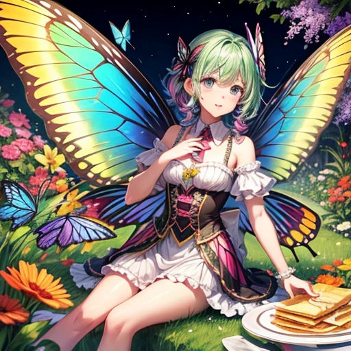 Rainbow haired fairy with butterfly wings eating a crepe　background, Fantasy, wonderful, Fantasy, garden, 