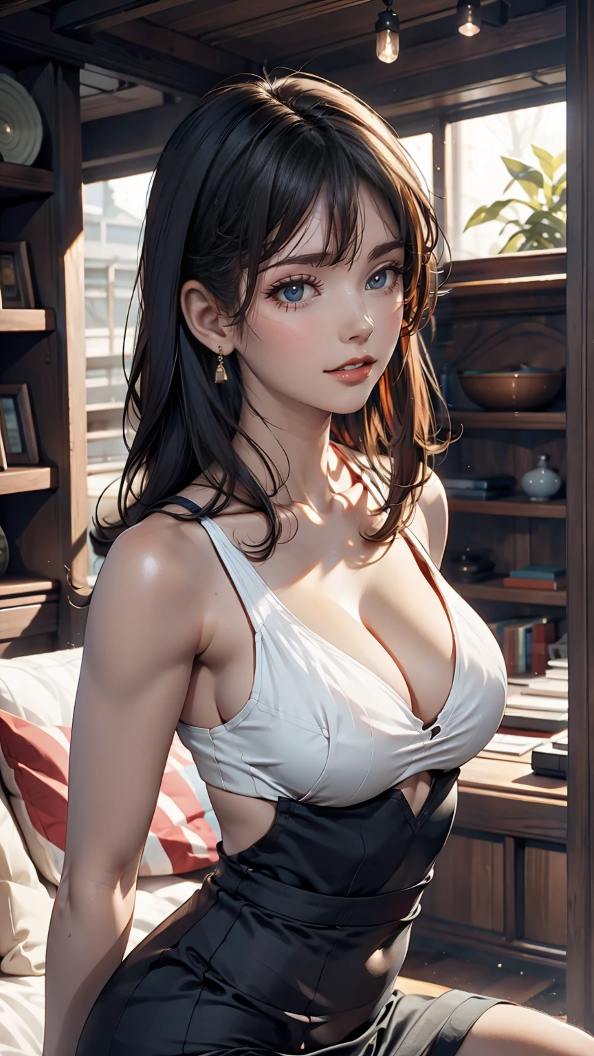 kmwld, (Sharp focus:1.2), photograph, Attractive Young Woman, (Beautiful Face:1.1), Fine grain, Seductive lips, (Cat Eye Makeup:0.85), (Big eyes:1.0), (Toned body:1.2), (1980s Hair:1.2), wear (Clothes from the 1980s:1.2) To (Beach:1.2). (Moody lighting:1.2), Depth of written boundary, Bokeh, 4K, High resolution. Toよる (James C. Christensen:1.2|Jeremy Lipking:1.1).