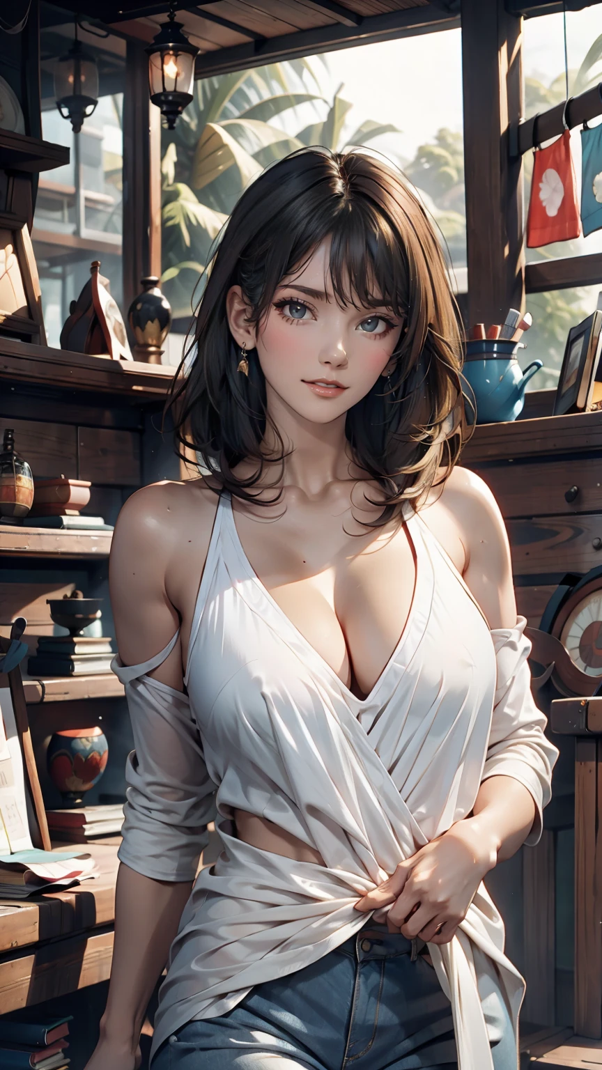 kmwld, (Sharp focus:1.2), photograph, Attractive Young Woman, (Beautiful Face:1.1), Fine grain, Seductive lips, (Cat Eye Makeup:0.85), (Big eyes:1.0), (Toned body:1.2), (1980s Hair:1.2), wear (Clothes from the 1980s:1.2) To (Beach:1.2). (Moody lighting:1.2), Depth of written boundary, Bokeh, 4K, High resolution. Toよる (James C. Christensen:1.2|Jeremy Lipking:1.1).
