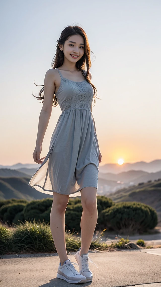 (masterpiece, top quality, best quality,1girls,Korean, beautiful face, smile, long hair, 19 years old, tank top, ((Light grey straight dress:1.1)), White shoes, hills, full body view, sunset,