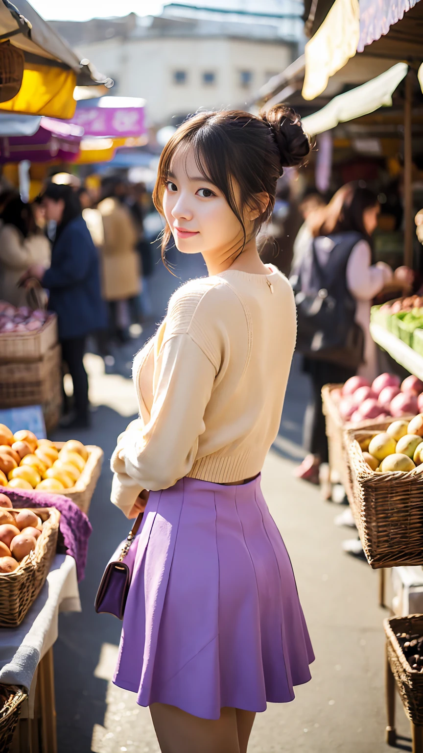 Full body shot, a young Korean woman in a beige cardigan, white top, long pleated purple skirt, purple heels, holding a purse, large hair bun, standing in a market, face straight to viewer, shy pose, serene expression, cute face, detailed face, detailed clothing, detailed background, natural lighting, warm colors, beautiful scenery, intricate details, highly detailed, photorealistic, 8k, ((masterpiece)), cinematic style, portrait