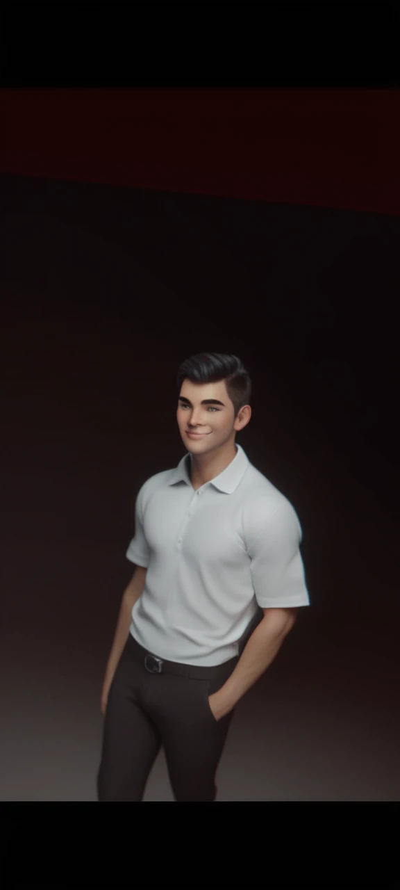Create a 3D animation of a cartoon caricature with a big head. a 20 year old Indonesian man. He has short black hair parted on the right side. His face is oval with smooth lines, thick and neat black eyebrows, normal eyes, a big nose, and thin lips with a wide, friendly smile. He wore a light gray leather jacket over a white t-shirt. Gradient blue background with professional lighting. masterpiece, top quality, highly detailed skin and face, ultra-realistic, high definition, studio lighting, sharp focus, 2/3 body angle, Concept Art, 3D rendering.