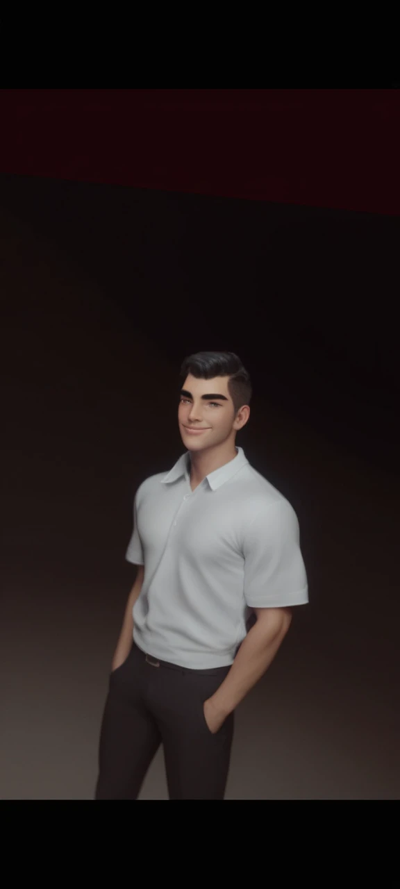 Create a 3D animation of a cartoon caricature with a big head. a 20 year old Indonesian man. He has short black hair parted on the right side. His face is oval with smooth lines, thick and neat black eyebrows, normal eyes, a big nose, and thin lips with a wide, friendly smile. He wore a light gray leather jacket over a white t-shirt. Gradient blue background with professional lighting. masterpiece, top quality, highly detailed skin and face, ultra-realistic, high definition, studio lighting, sharp focus, 2/3 body angle, Concept Art, 3D rendering.