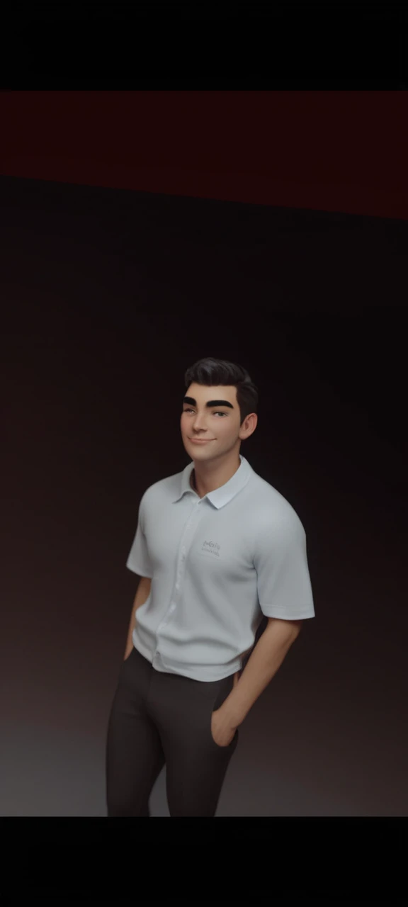 Create a 3D animation of a cartoon caricature with a big head. a 20 year old Indonesian man. He has short black hair parted on the right side. His face is oval with smooth lines, thick and neat black eyebrows, normal eyes, a big nose, and thin lips with a wide, friendly smile. He wore a light gray leather jacket over a white t-shirt. Gradient blue background with professional lighting. masterpiece, top quality, highly detailed skin and face, ultra-realistic, high definition, studio lighting, sharp focus, 2/3 body angle, Concept Art, 3D rendering.