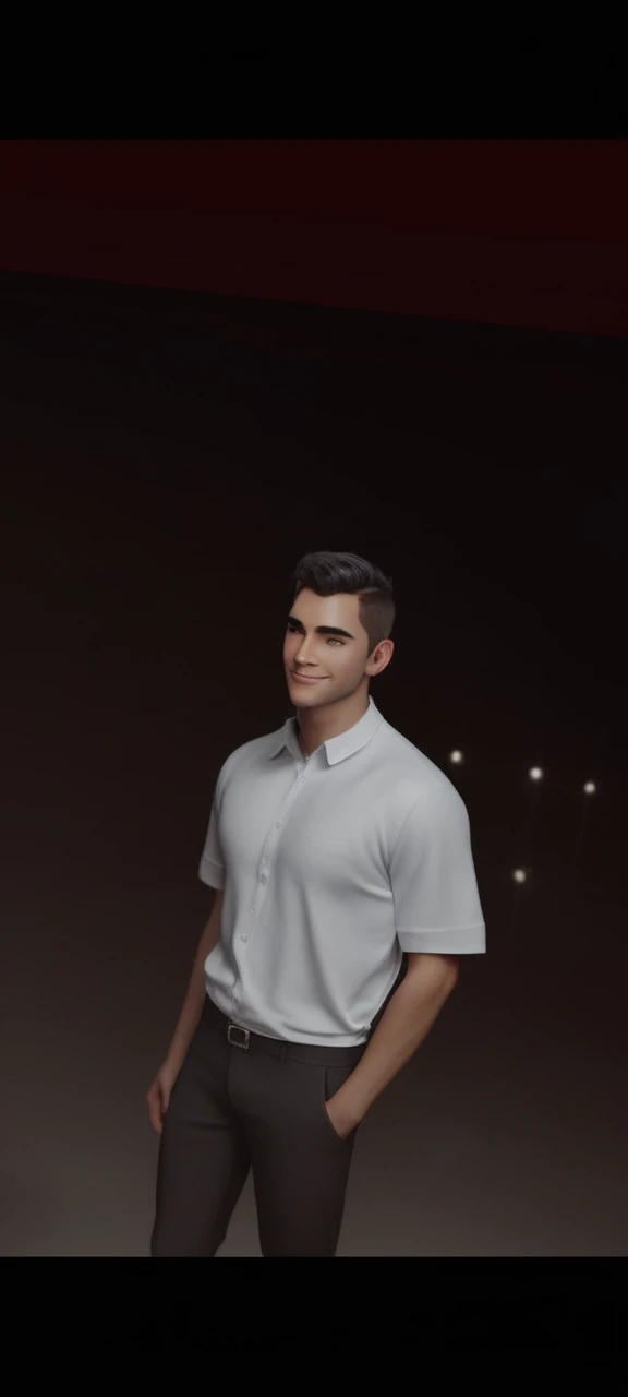Create a 3D animation of a cartoon caricature with a big head. a 20 year old Indonesian man. He has short black hair parted on the right side. His face is oval with smooth lines, thick and neat black eyebrows, normal eyes, a big nose, and thin lips with a wide, friendly smile. He wore a light gray leather jacket over a white t-shirt. Gradient blue background with professional lighting. masterpiece, top quality, highly detailed skin and face, ultra-realistic, high definition, studio lighting, sharp focus, 2/3 body angle, Concept Art, 3D rendering.