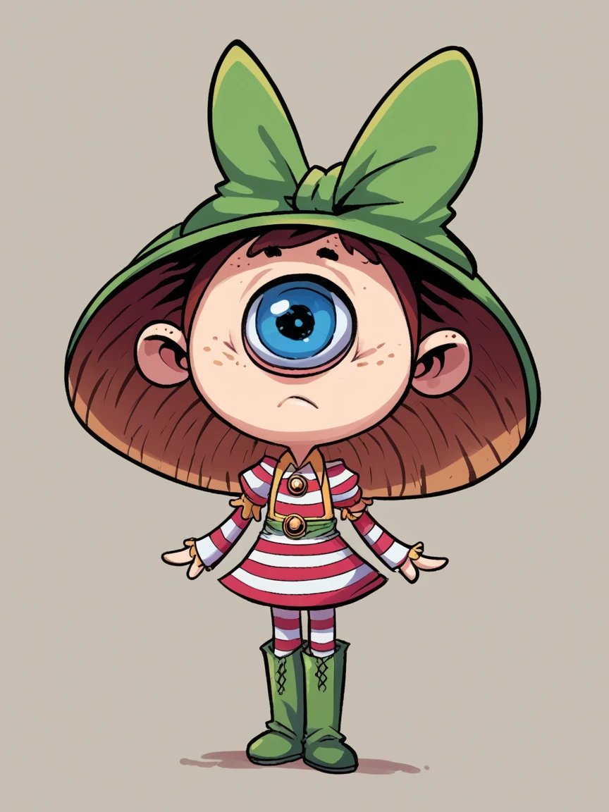 ((best quality)), ((very detailed)), masterpiece, absurdists, extremely detailed face, nice face, (detailed eyes, deep eyes), (1 fille), pose dynamique, full body, plan très large, ffwendys, russet hair, twin braids, bow in hair, blue eye, ((freckled)), freckled sur le corps, souriant, Striped dress, striped sleeves, puffy sleeves, striped thigh high boots,mushroom