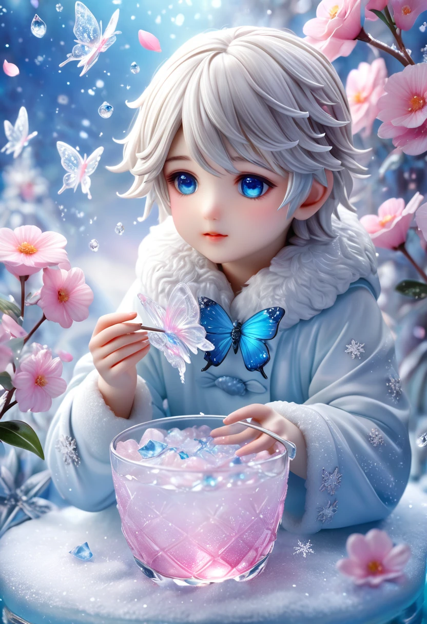 Ultra detailed, HDR, Highres, absurdres, master piece, white sheep, expressive blue eyes, glass, ice glittering butterflies, ice, petals, pink ice glass flowers, cute, glittering, water, fantasy, magical, snowflakes, cold, small and cute, cute boy