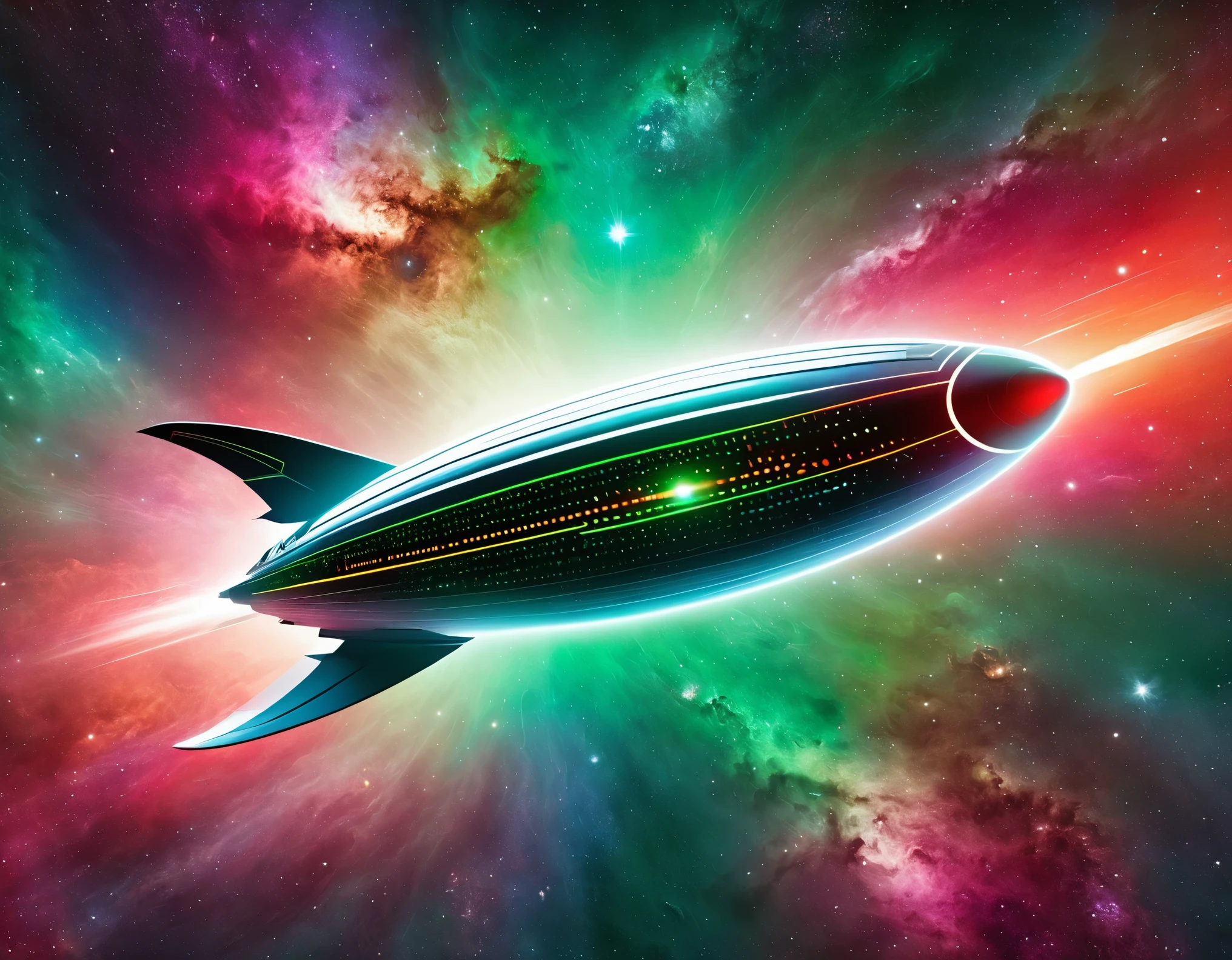 "A high-tech starship navigating through a colorful cosmic expanse, featuring a gradient backdrop from green to red with scattered stars. The ship’s design includes a large circular front section, an extended body, and external nacelles, all highlighted by metallic textures and intricate details."
