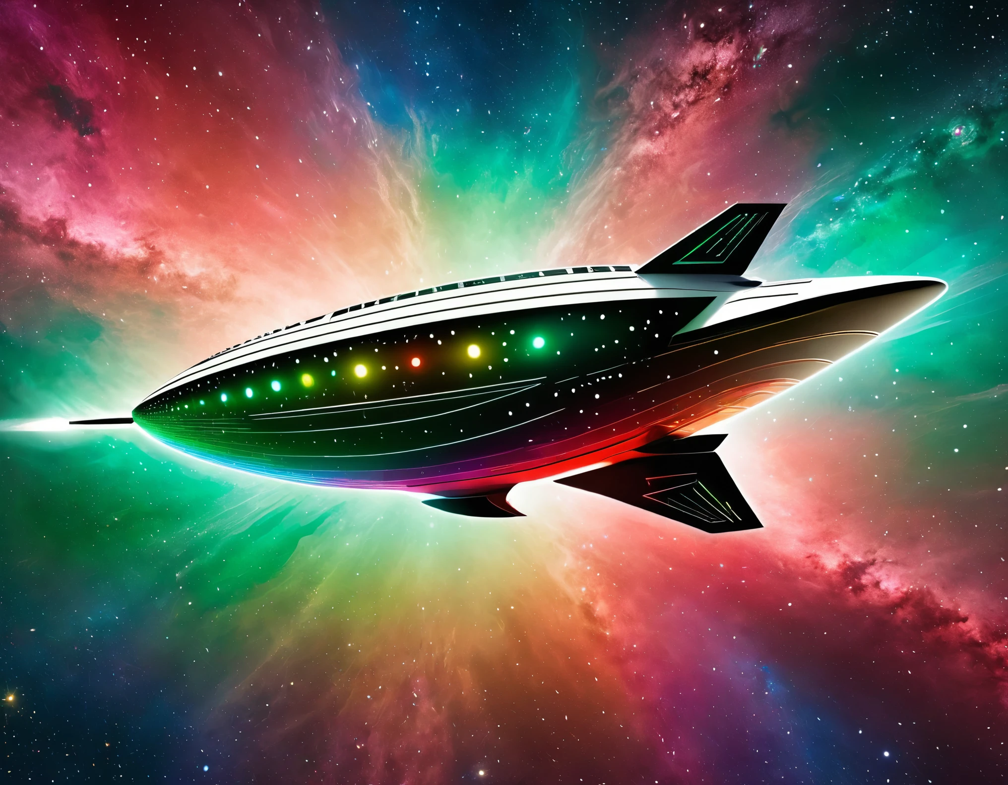 "A high-tech starship navigating through a colorful cosmic expanse, featuring a gradient backdrop from green to red with scattered stars. The ship’s design includes a large circular front section, an extended body, and external nacelles, all highlighted by metallic textures and intricate details."
