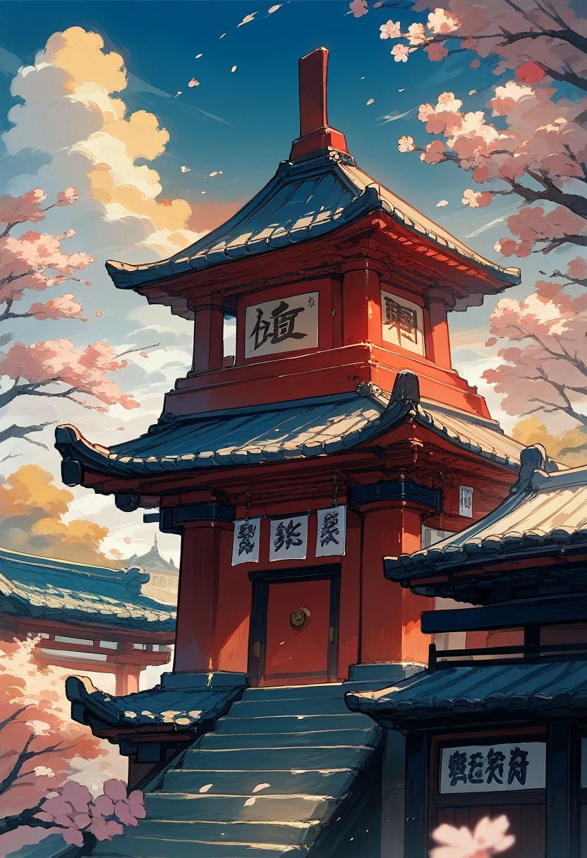 high quality, detailed, samurai, determined expression, two swords, standing face-to-face, ancient Japanese castle courtyard, cherry blossoms falling, tense atmosphere, sunset, vivid red light,