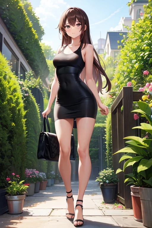 1girl, woman, tank top, tight midi pencil skirt (black), long tight pencil skirt, long brown hair, looking at viewer, full body, garden