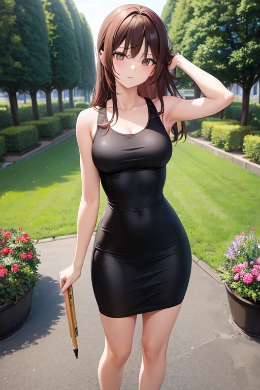 1girl, woman, tank top, tight midi pencil skirt (black), long tight pencil skirt, long brown hair, looking at viewer, full body, garden