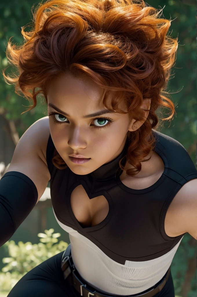 Screenshot of my hero academia. Women, White skin, dark brown with orange hair short and curly, bright brown eyes, long and beautiful eyelashes. Beautiful and attractive. Wearing tight black clothing with lilac details, adolescent. Neutral and serious expression. looking down. View from below. Side stance in fighting pose while green flashes come out.