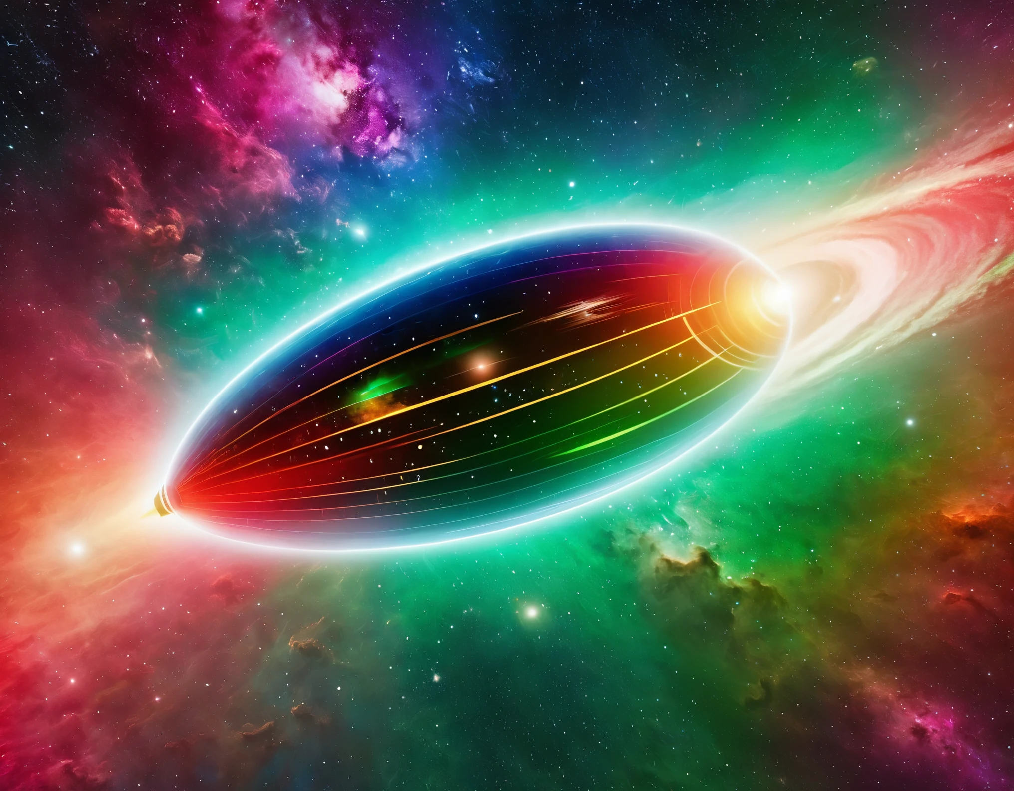 "A high-tech starship navigating through a colorful cosmic expanse, featuring a gradient backdrop from green to red with scattered stars. The ship’s design includes a large circular front section, an extended body, and external nacelles, all highlighted by metallic textures and intricate details."
