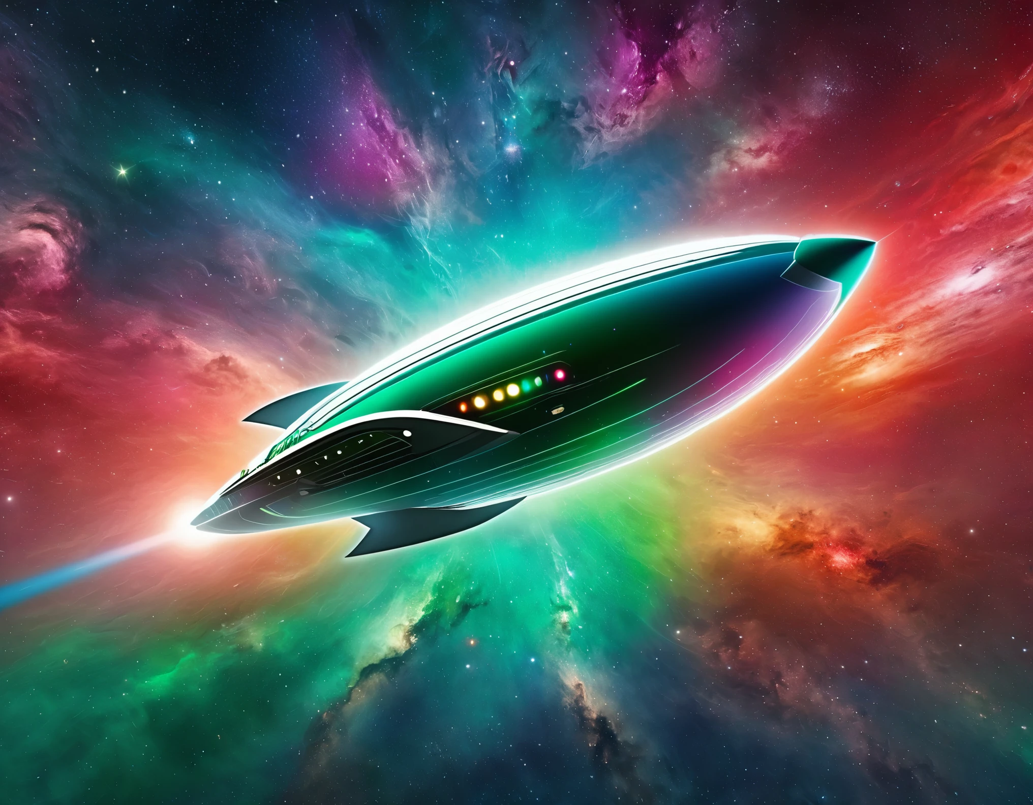 "A high-tech starship navigating through a colorful cosmic expanse, featuring a gradient backdrop from green to red with scattered stars. The ship’s design includes a large circular front section, an extended body, and external nacelles, all highlighted by metallic textures and intricate details."
