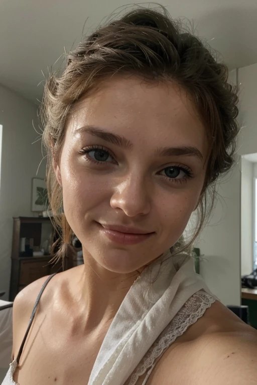 selfie miroir , une fille magnifique de 19 ans , léger sourire , visage et yeux détaillés , Éclairage naturel , à la maison , cheveux longs, les cheveux en désordre, voir à travers un chemisier ample, clivage, grain de film, faible contraste, visage naturel , taches de rousseur , cheveux blond foncé , yeux vert foncé, cernes sous les yeux, Sexy, tétons visibles sous le chemisier,