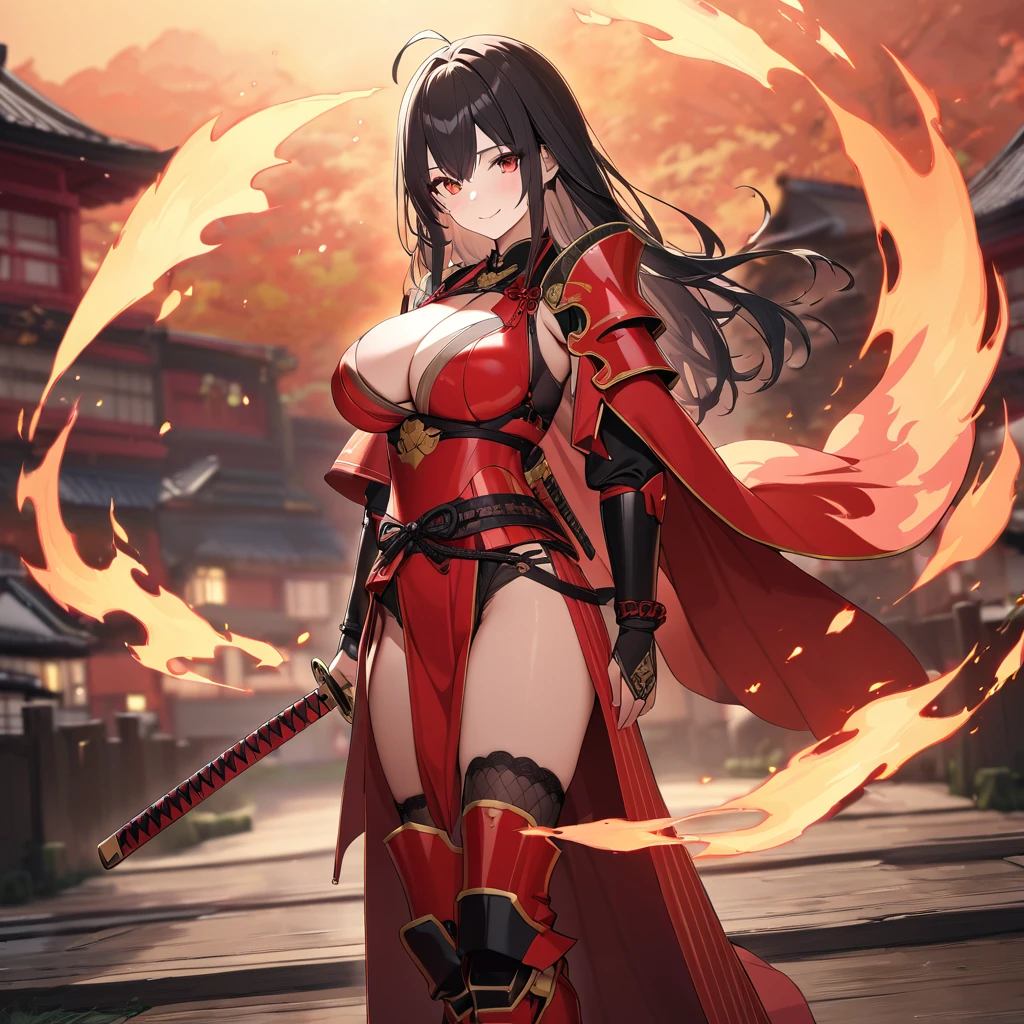 A woman wearing red heavy samurai armor with gold details, samurai shoulder pads, samurai bracelet, samurai boots, holding a red katana without a sheath, katana with fire, large fire wings, fire aura, floating over an open area in Japanese aesthetics, Japanese environment, black hair, long hair, ahoge, red eyes, smiling, big breasts, fire effect, sunset location,UHD , prime work , accurate , anatomically correct , textured skin , super details , high quality , best quality, 8k, high resolution, bokeh effect. (woman alone), close view.
