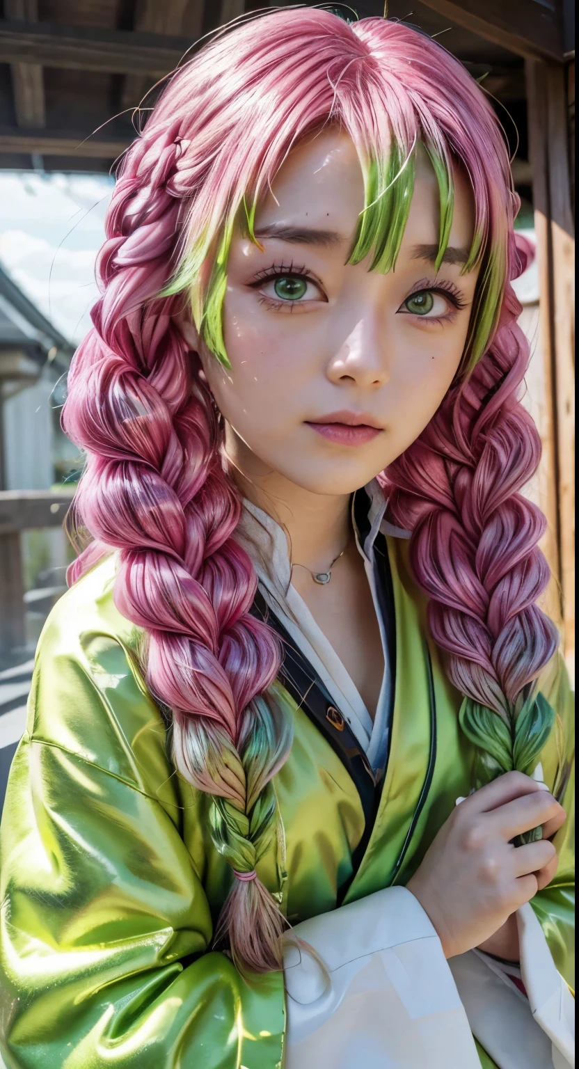 kanroji_mitsuri、One girl (Masterpiece、) (Highest quality)(Shiny Hair)(Shiny skin)、(Gradient Hair、green、Pink Hair、Braid:1.2)、