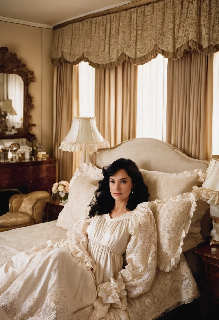 A woman wakes up in a large bed. She wears a white nightgown with puffed sleeves decorated with lace, and a ruffled neckline with a bow at the center front. Her black hair is tousled and falls over her shoulders. She sits in a large bed with many pillows and a frilly bedspread, complemented by a canopy of light brown fabric. The paneled walls and patterned carpet give the room an overall elegant and sophisticated ambiance.