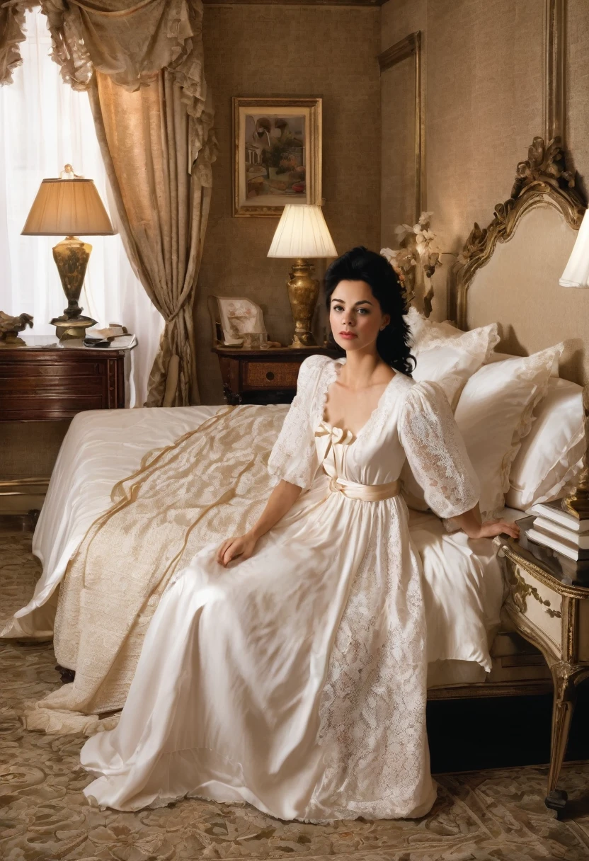 A woman wakes up in a large bed.  She wears a white nightgown with puffed sleeves decorated with lace, and a ruffled neckline with a bow at the center front.  Her black hair is tousled and falls over her shoulders.  She sits in a large bed with many pillows and a frilly bedspread, complemented by a canopy of light brown fabric.  The paneled walls and patterned carpet give the room an overall elegant and sophisticated ambiance.