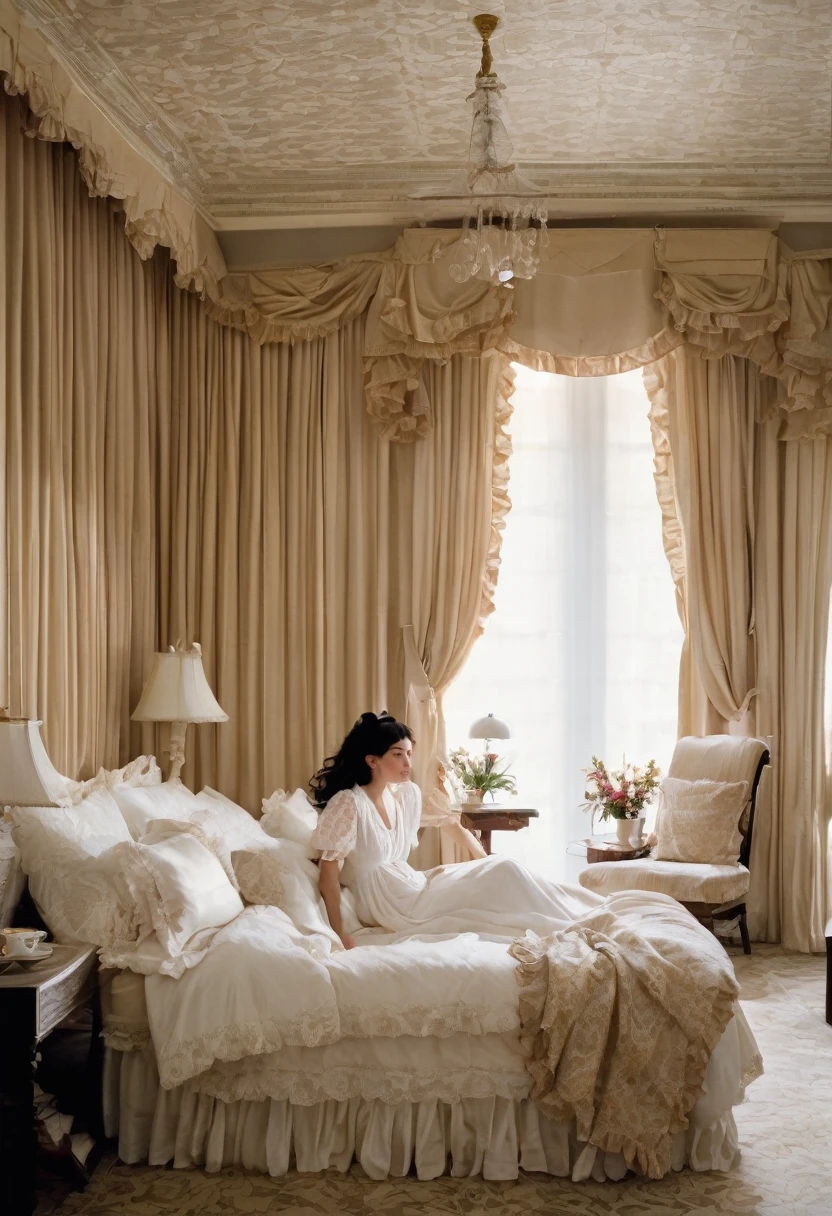 A woman wakes up in a large bed. She wears a white nightgown with puffed sleeves decorated with lace, and a ruffled neckline with a bow at the center front. Her black hair is tousled and falls over her shoulders. She sits in a large bed with many pillows and a frilly bedspread, complemented by a canopy of light brown fabric. The paneled walls and patterned carpet give the room an overall elegant and sophisticated ambiance.