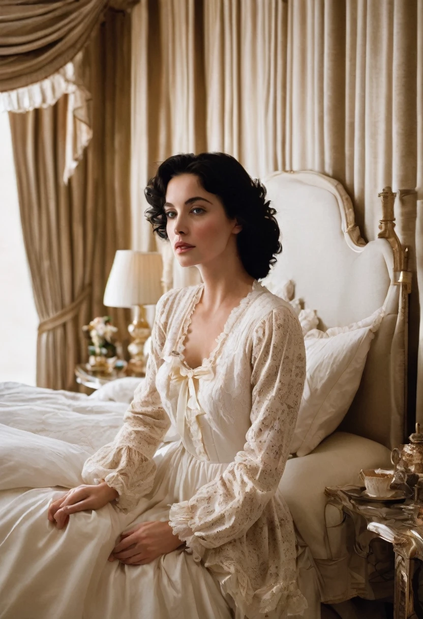 A woman wakes up in a large bed.  She wears a white nightgown with puffed sleeves decorated with lace, and a ruffled neckline with a bow at the center front.  Her black hair is tousled and falls over her shoulders.  She sits in a large bed with many pillows and a frilly bedspread, complemented by a canopy of light brown fabric.  The paneled walls and patterned carpet give the room an overall elegant and sophisticated ambiance.
