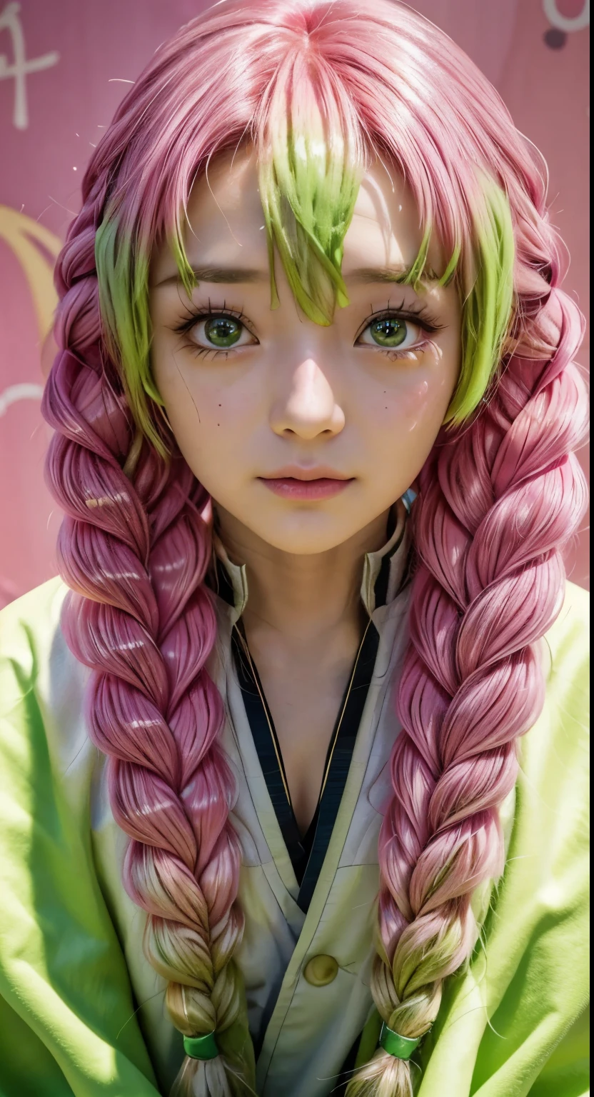 kanroji_mitsuri、One girl (Masterpiece、) (Highest quality)(Shiny Hair)(Shiny skin)、(Gradient Hair、green、Pink Hair、Braid:1.2)、