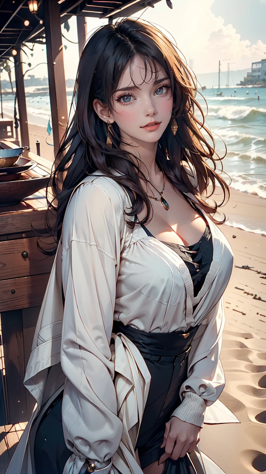 kmwld, (Sharp focus:1.2), photograph, Attractive Young Woman, (Beautiful Face:1.1), Fine grain, Seductive lips, (Cat Eye Makeup:0.85), (Big eyes:1.0), (Toned body:1.2), (1980s Hair:1.2), wear (Clothes from the 1980s:1.2) To (Beach:1.2). (Moody lighting:1.2), Depth of written boundary, Bokeh, 4K, High resolution. Toよる (James C. Christensen:1.2|Jeremy Lipking:1.1).