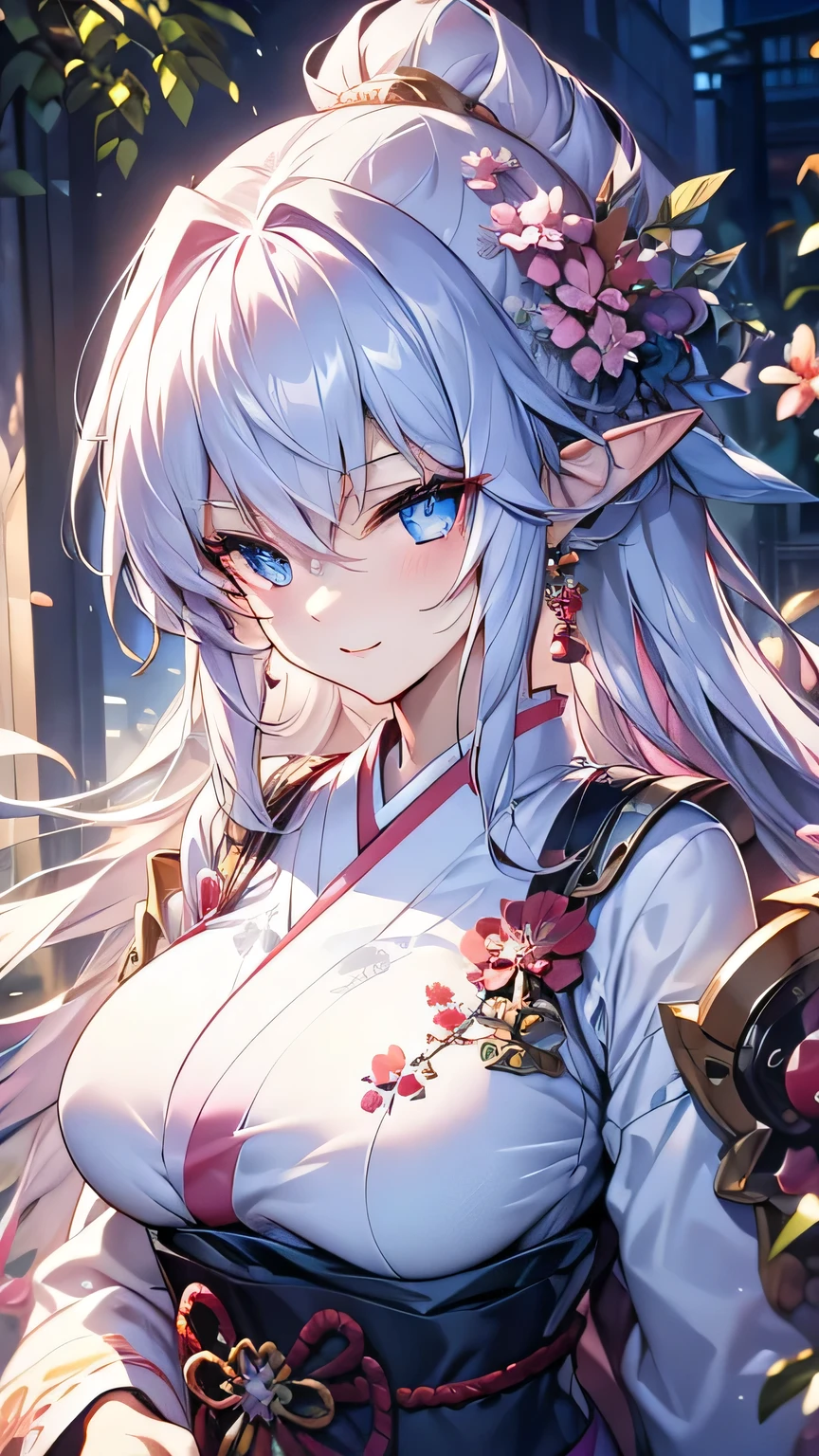 pink hair, bangs, hair behind ear, long hair, kanzashi, eye reflection, longeyelashes, earrings, light smile, bright pupils, anime style, first-person view, textured skin, masterpiece, high details, best quality, Elf woman, wearing traditional Japanese costume, large breasts, floral embroidery, Japanese style, bare breasts, white shoulders