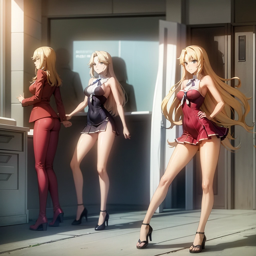 3 female students wear bare shoulders to school ， Blonde beauty with long flowing hair and beautiful legs 