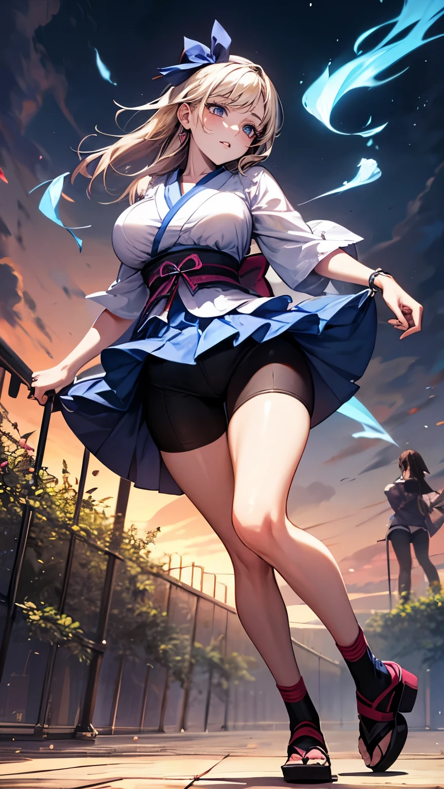 （Very delicate and beautiful：1.2）super model,,Beautiful breasts,voluptuous,【bike shorts】,,【3girls】,,Highest quality, High resolution, 8K,Kick in a hurry.mini skirt,Japanese ta,knife,Blue Flame