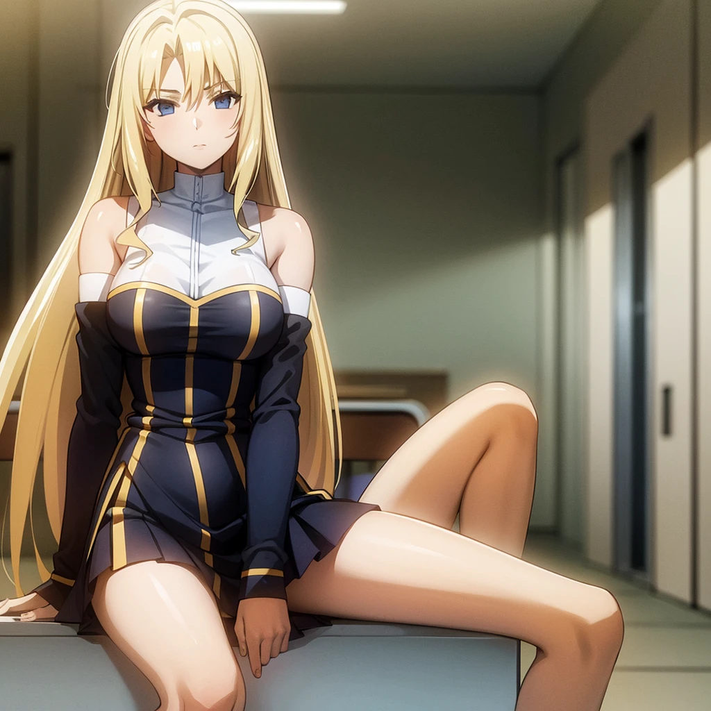 3 female students wear bare shoulders to school , Blonde beauty with long flowing hair and beautiful legs