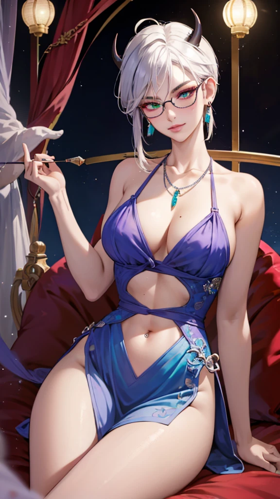 8k, masterpiece, best quality, highly detailed, 1 girl, tiefling, warlock, multicolored hair, very short straight hair green highlight hair on white hair, strippled hair, wearing glasses, round glasses, earrings, red eyeshadow, long eyelashes,navel piercing, blushed cheek, necklace, collarbone, mole, glamorous, purple and teal clothing, villainy, smirk, seductive face, close up view, rings, looking at viewer, demon horns, solo, chinese dress, ballroom, palace, blue pale moon, sitting, 