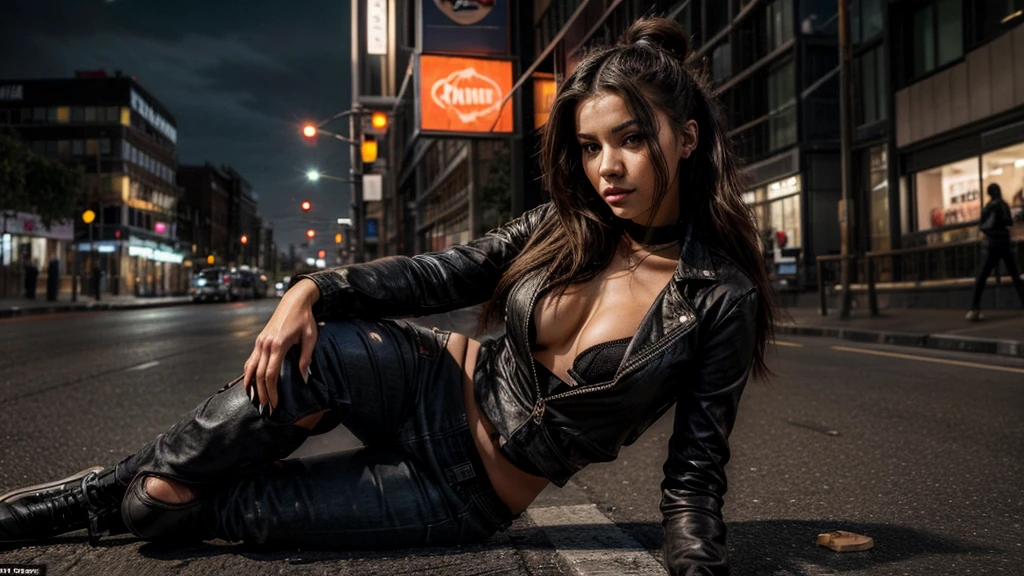 [[((A highly attractive young woman with a captivating presence, embodying a super urban vibe:1.6)), lying on a road in a busy urban city. She is wearing fashionable, edgy urban clothing that makes her stand out amidst the city's background. The scene captures the hustle and bustle of the city with skyscrapers, streetlights, and a vibrant atmosphere. A large truck is visible, seemingly about to hit her, adding a dramatic and intense element to the image. The image is in a landscape format, ultra-high definition (8K resolution), with hyper-realistic detail. The focus is entirely on the woman's stylish and confident presence in the middle of the urban setting, perfectly capturing the essence of urban life with a dramatic twist.]]
